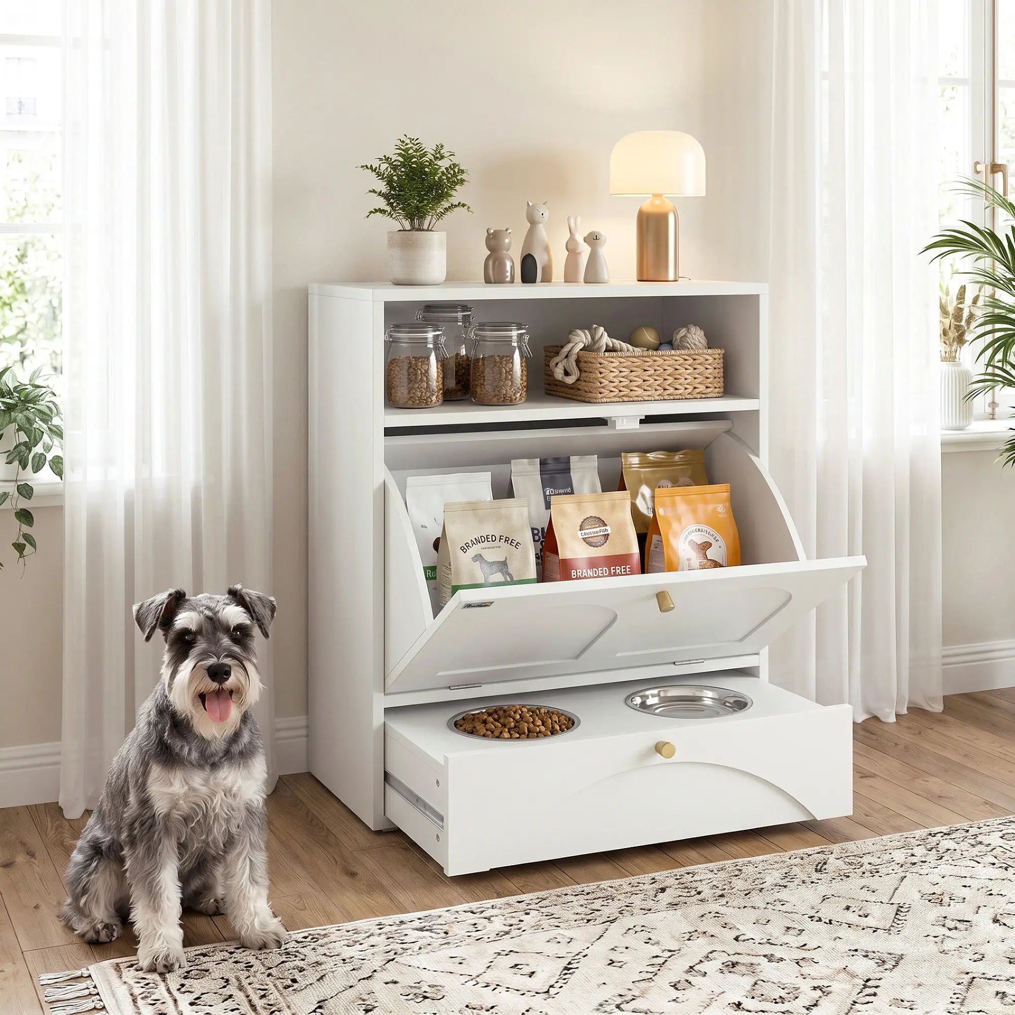 Dog Feeding Station, Food Storage Cabinet, 2 Elevated Bowls, White, White Dog Bowls at Gallery Canada