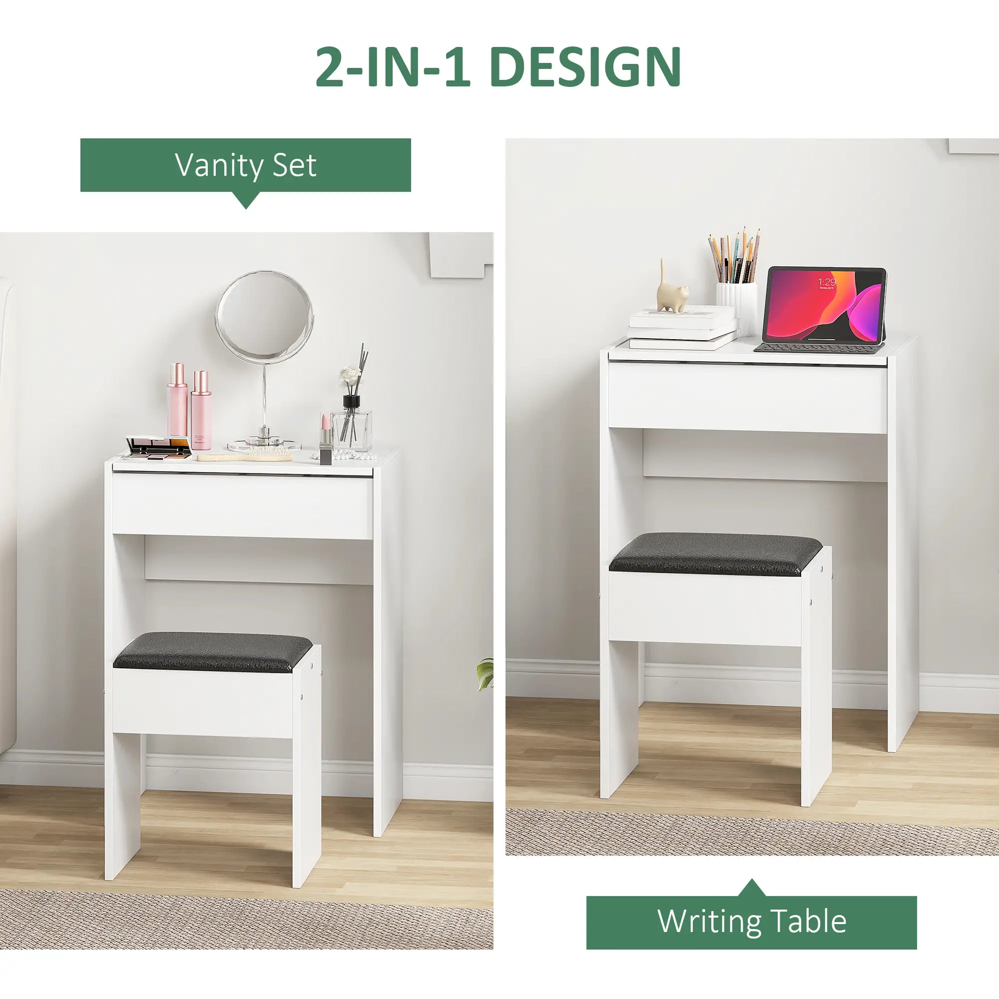 Modern Vanity Set, Makeup Table with Cushioned Stool, Flip Top Mirror, White Dressing & Vanity Tables at Gallery Canada