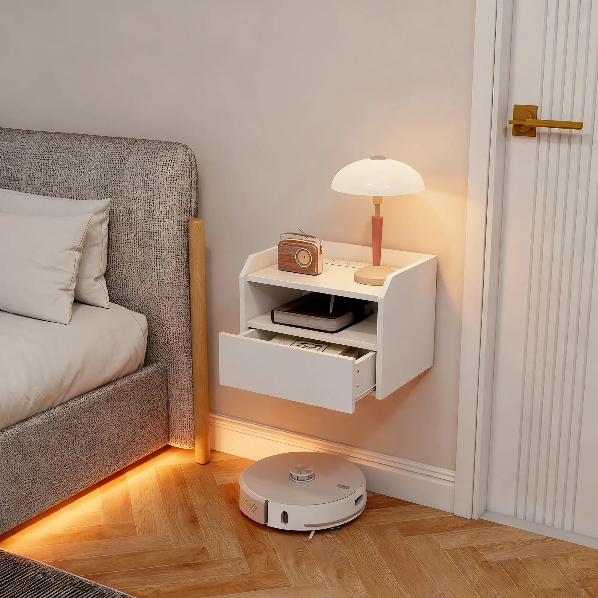 Wall Mounted Bedside Table Set of 2, Charging Station, Drawer, Shelf, White Bedside Tables at Gallery Canada