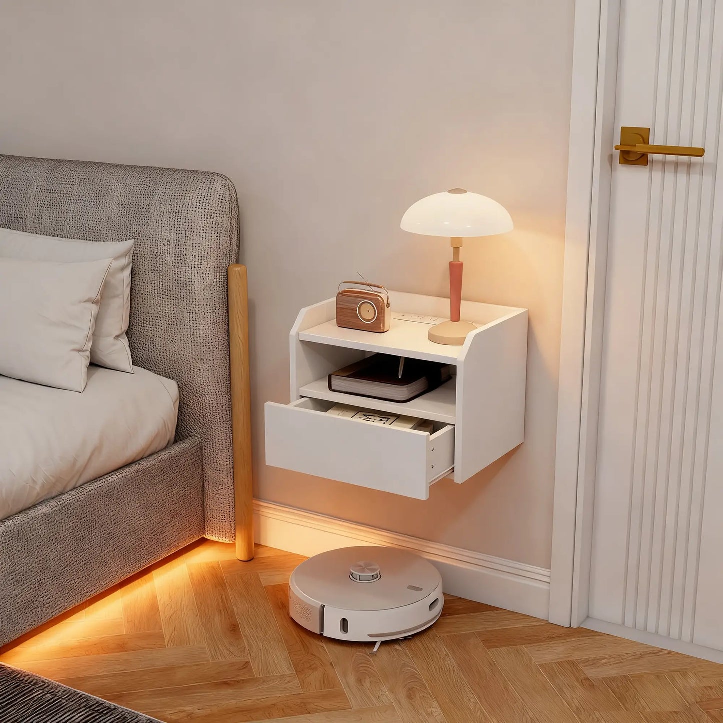 Wall Mounted Bedside Table Set of 2, Charging Station, Drawer, Shelf, White Bedside Tables at Gallery Canada