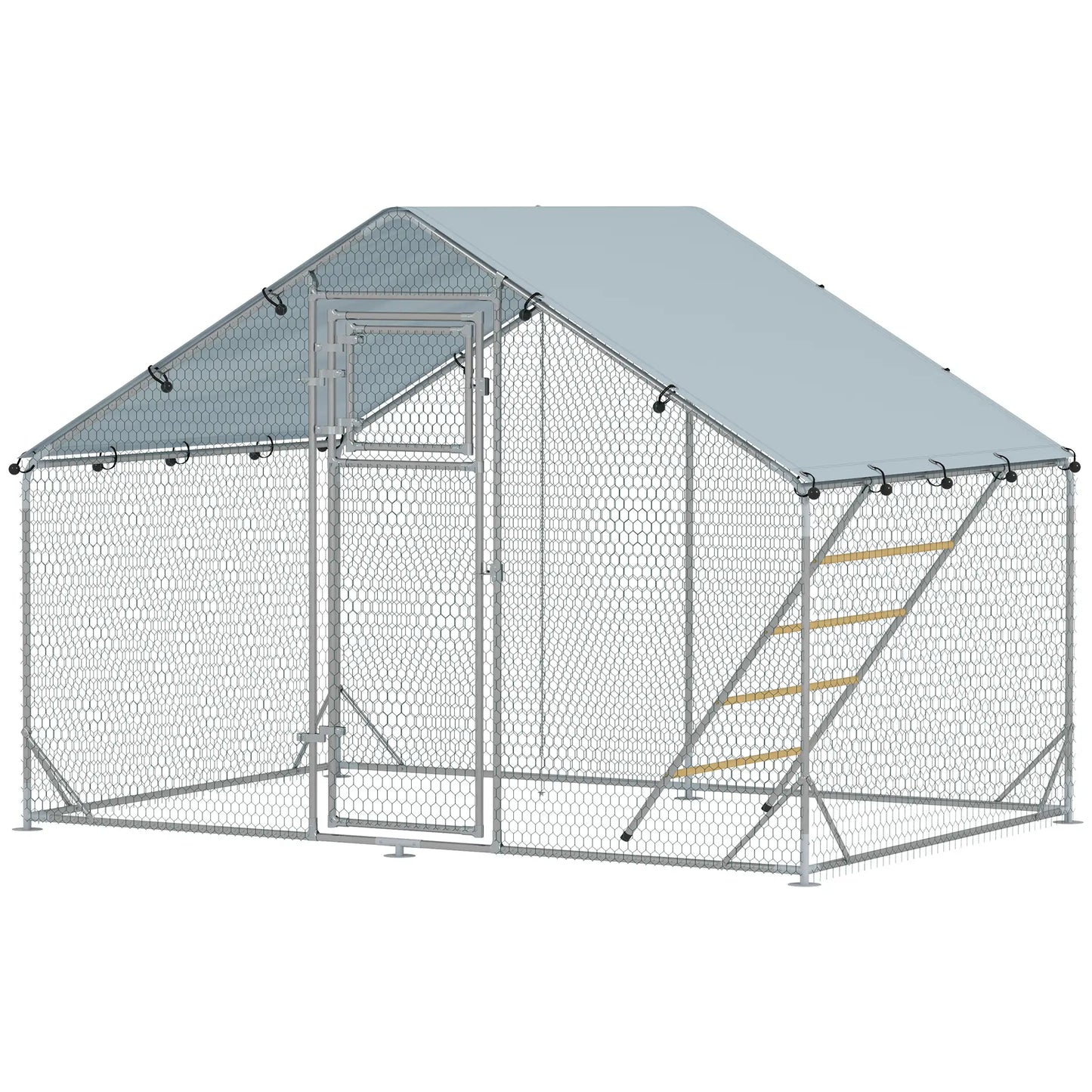 Large Metal Chicken Run, Waterproof UV-Resistant Cover, Feeding Door, Hanging Feeder, Perch for 6-8 Chickens Chicken Coops Silver at Gallery Canada