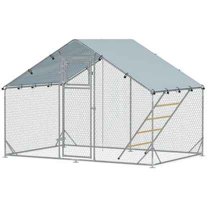 Large Metal Chicken Run, Waterproof UV-Resistant Cover, Feeding Door, Hanging Feeder, Perch for 6-8 Chickens Chicken Coops Silver at Gallery Canada