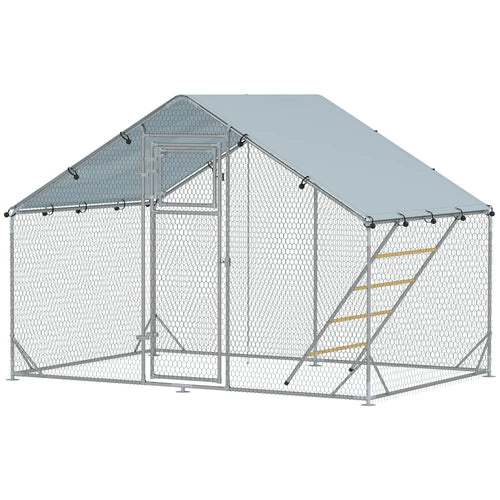Large Metal Chicken Run, Waterproof UV-Resistant Cover, Feeding Door, Hanging Feeder, Perch for 6-8 Chickens