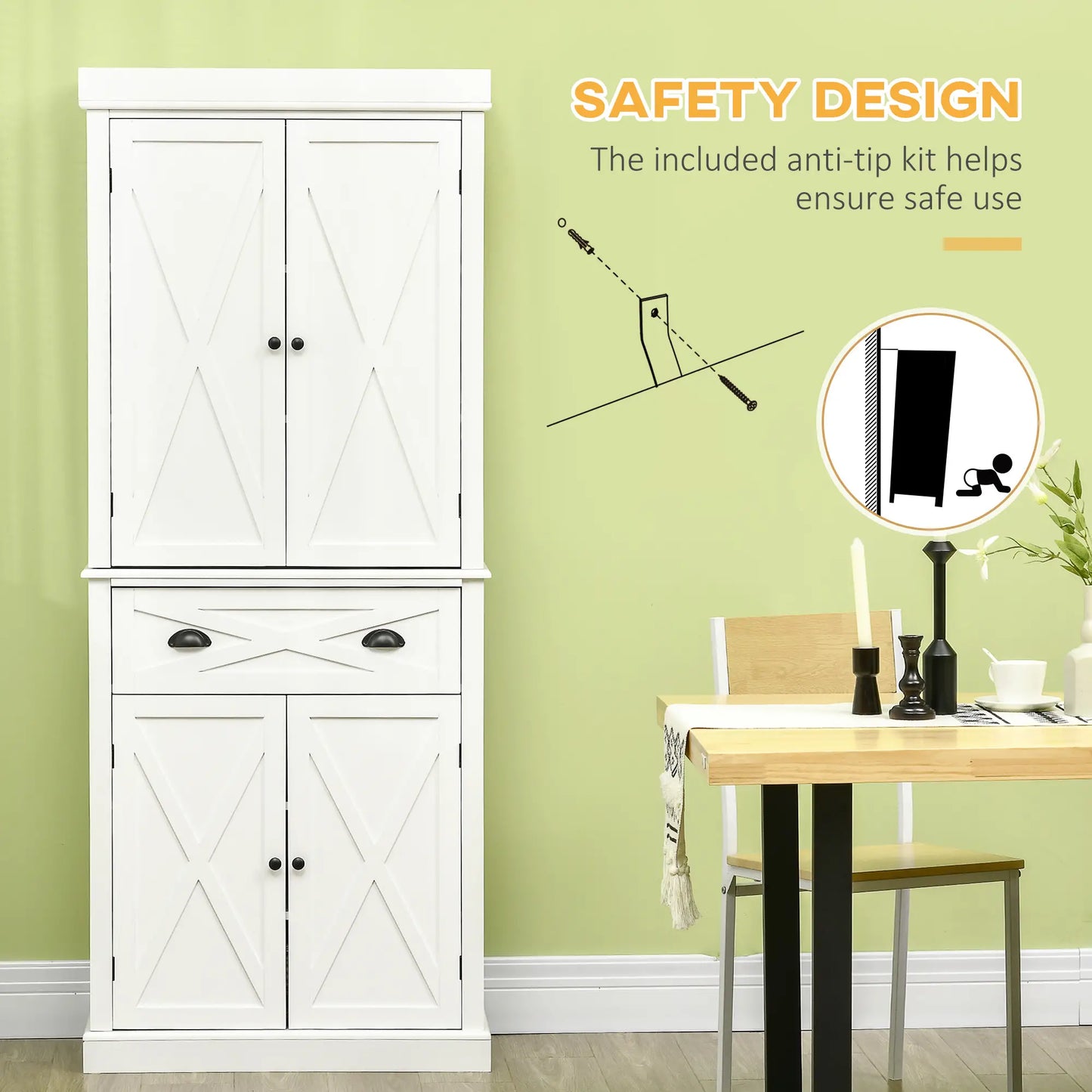 72.5" Kitchen Pantry Cabinet, 4 Doors, Drawer, Adjustable Shelves, White