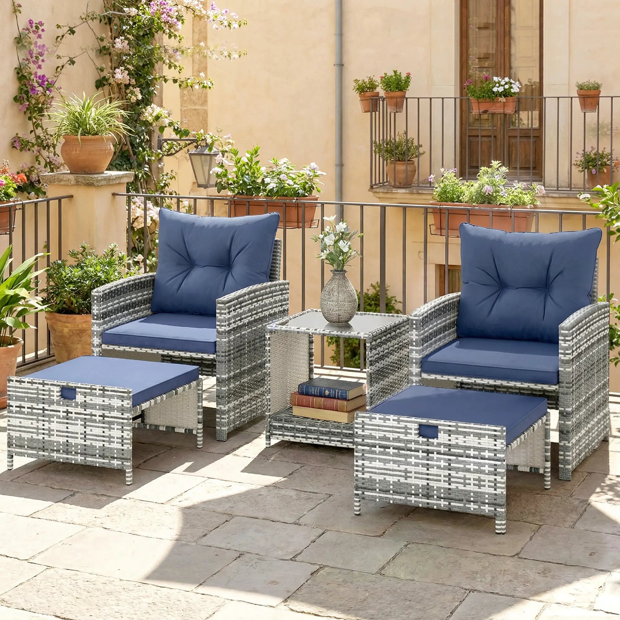 5 Piece Patio Furniture Set, Wicker Chairs With Ottomans, 2-Tier Glass Coffee Table, Grey/Dark Blue Patio Furniture Sets at Gallery Canada