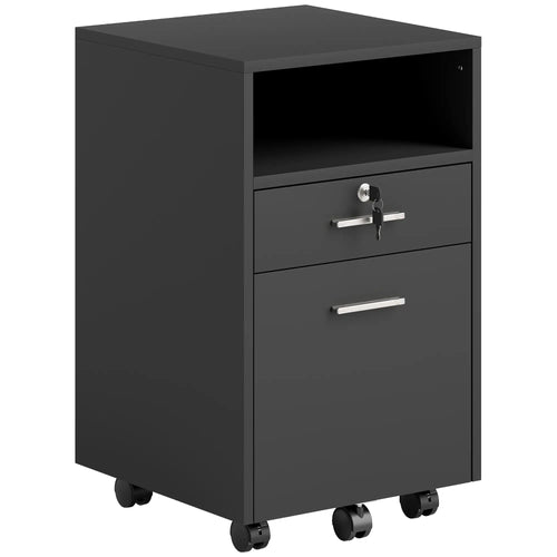 Small 2-Drawer Filing Cabinet, Lockable, on Wheels, A4 Letter Size, Black