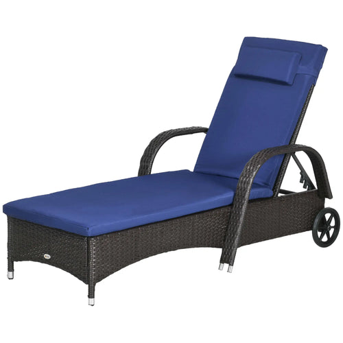 Outdoor Lounger, Deck Chair with Headrest, 5-Level Adjustable, Deep Coffee, Navy Blue