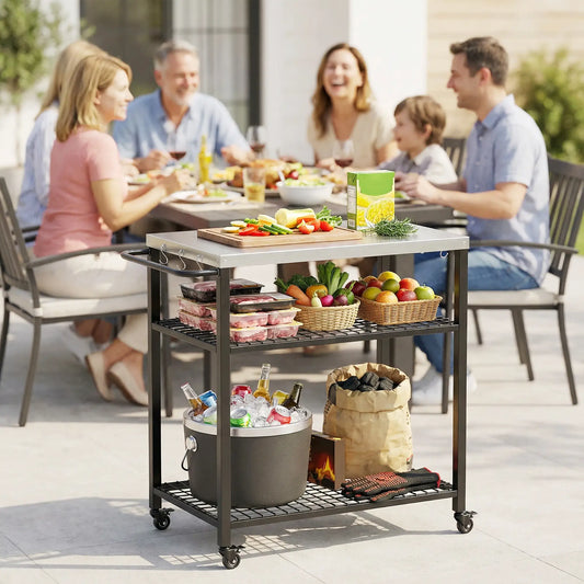 Outdoor Grill Cart With Stainless Steel Top, Two-Shelf Pizza Oven Stand, Black Outdoor Grill Carts Black at Gallery Canada