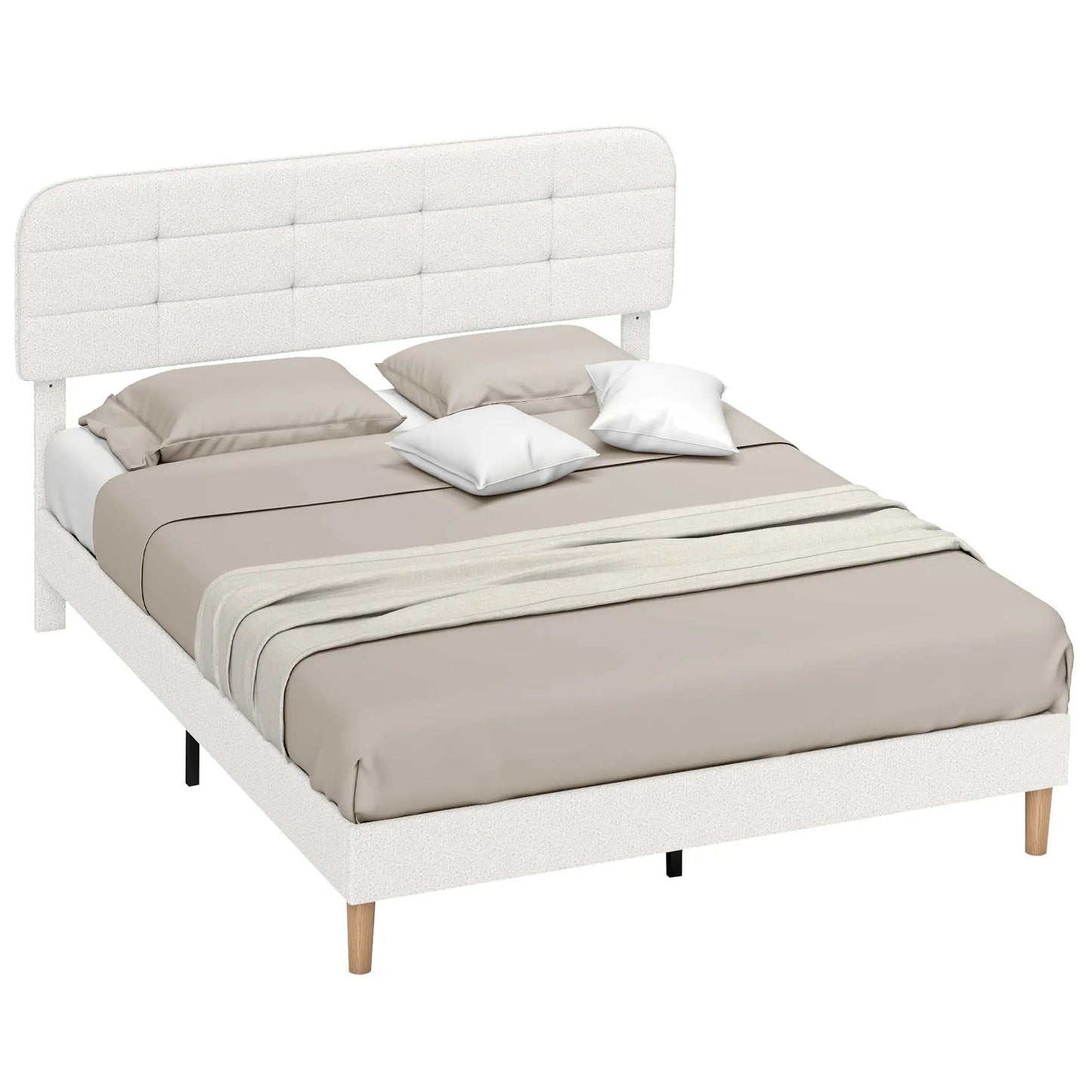 Queen Size Upholstered Platform Bed Frame, Adjustable Headboard, White Bed Frames at Gallery Canada