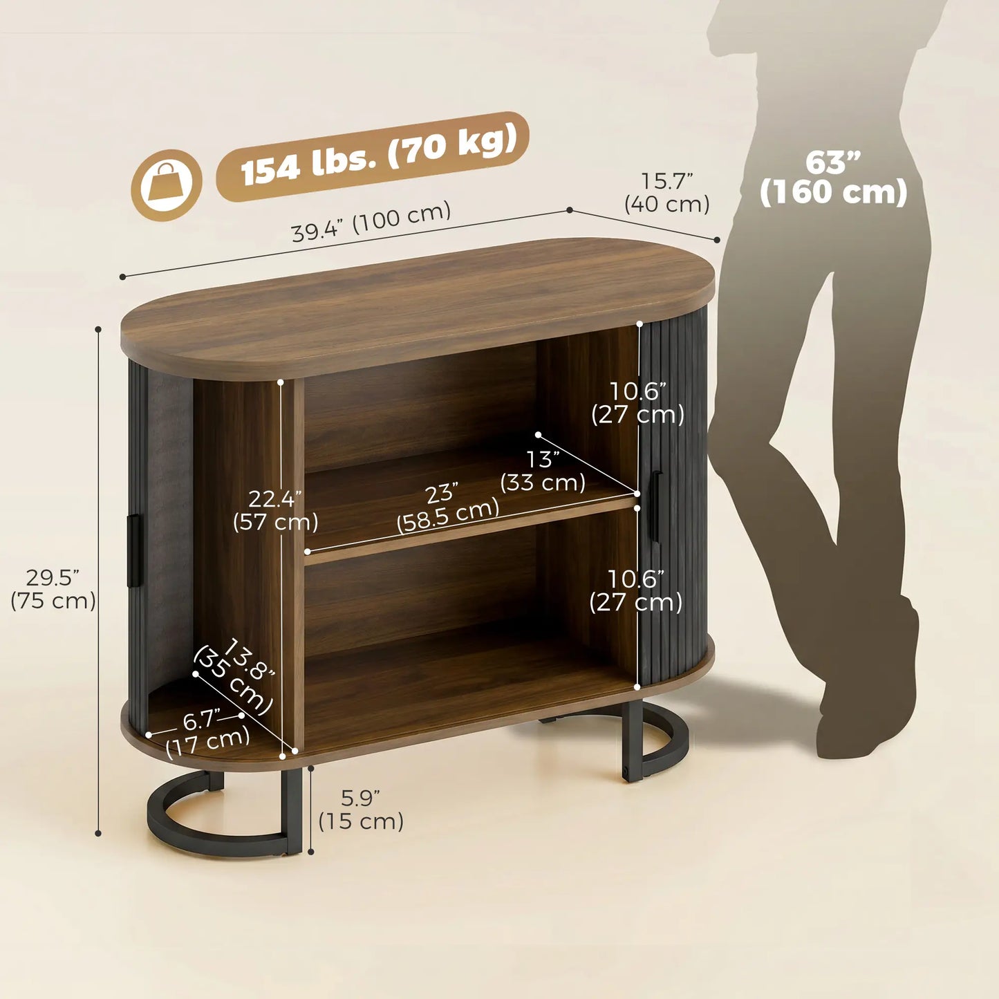 Sideboard Buffet Cabinet with Curved Tambour Doors, Brown/Black