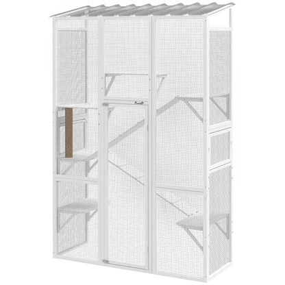 Wooden Catio Outdoor Cat Enclosure, 6 Platforms, Scratching Post, 2 Ramps, Waterproof Roof, White Outdoor Cat Enclosures White at Gallery Canada