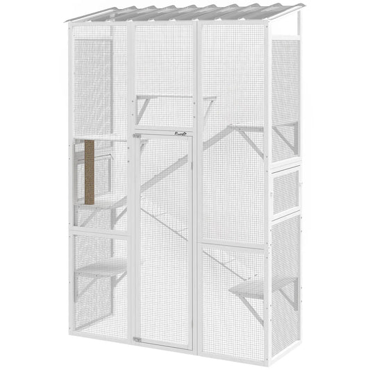 Wooden Catio Outdoor Cat Enclosure, 6 Platforms, Scratching Post, 2 Ramps, Waterproof Roof, White Outdoor Cat Enclosures White at Gallery Canada