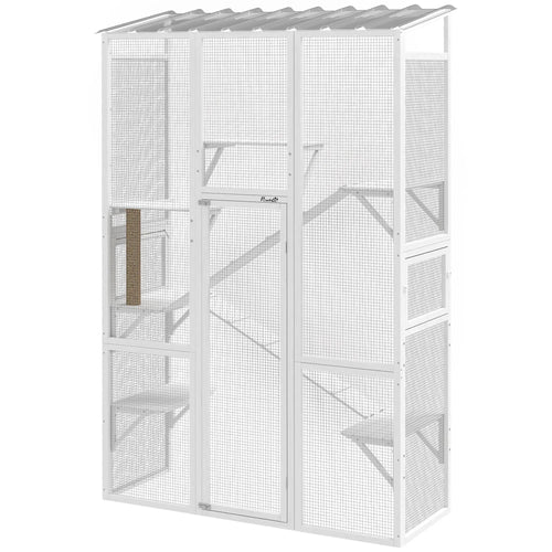 Wooden Catio Outdoor Cat Enclosure, 6 Platforms, Scratching Post, 2 Ramps, Waterproof Roof, White