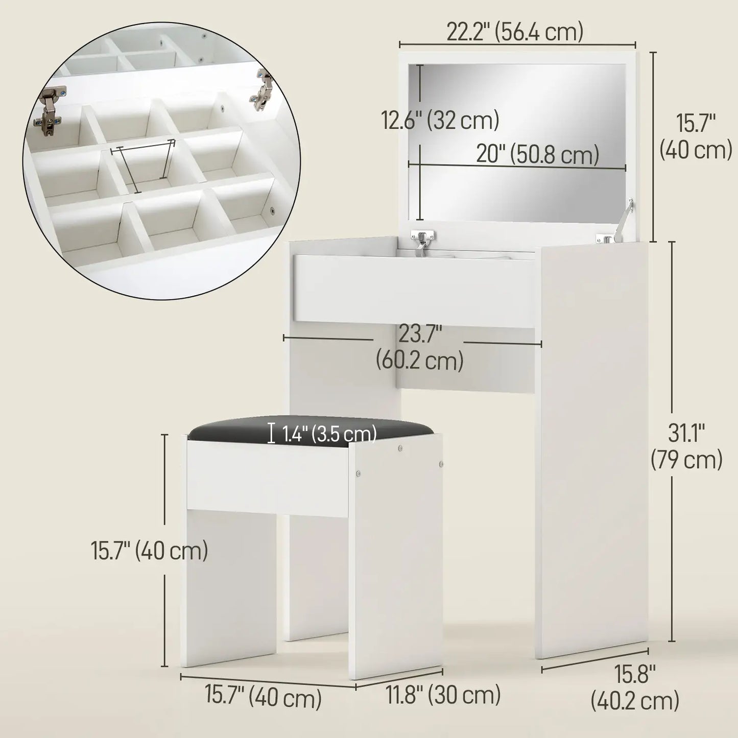 Ensemble de coiffeuse moderne, table de maquillage avec tabouret rembourré, miroir rabattable, blanc