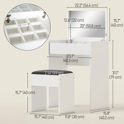 Ensemble de coiffeuse moderne, table de maquillage avec tabouret rembourré, miroir rabattable, blanc