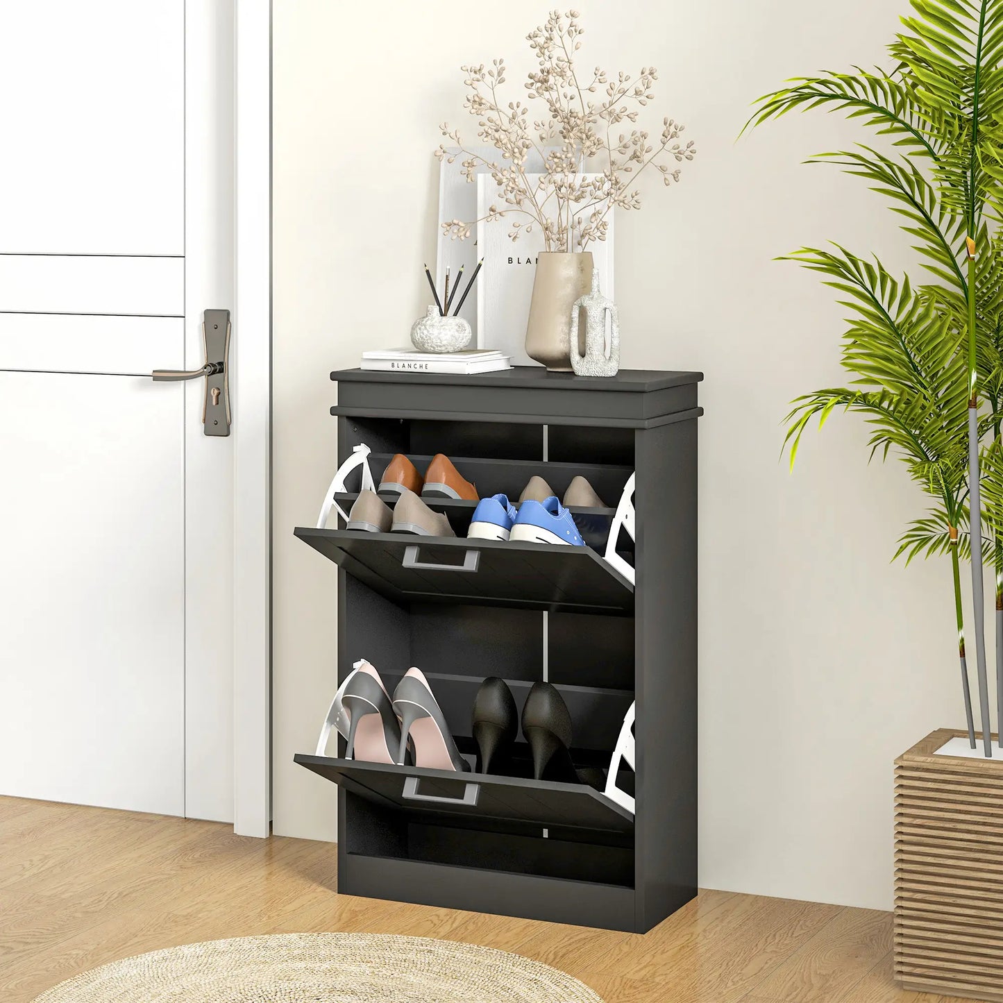 Shoe Storage Cabinet, 2 Flip Drawers, Adjustable Shelves, 10 Pairs, Black Shoe Storage Cabinets & Racks at Gallery Canada