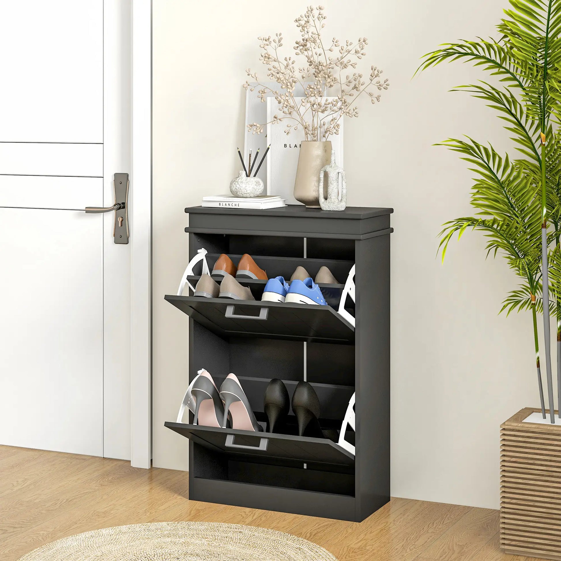Shoe Storage Cabinet, 2 Flip Drawers, Adjustable Shelves, 10 Pairs, Black Shoe Storage Cabinets & Racks at Gallery Canada