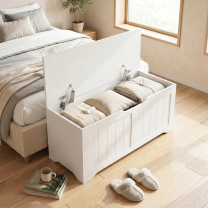 Storage Bench with Lift Top Storage Chest with Safety Hinges for Entryway, Living Room, White