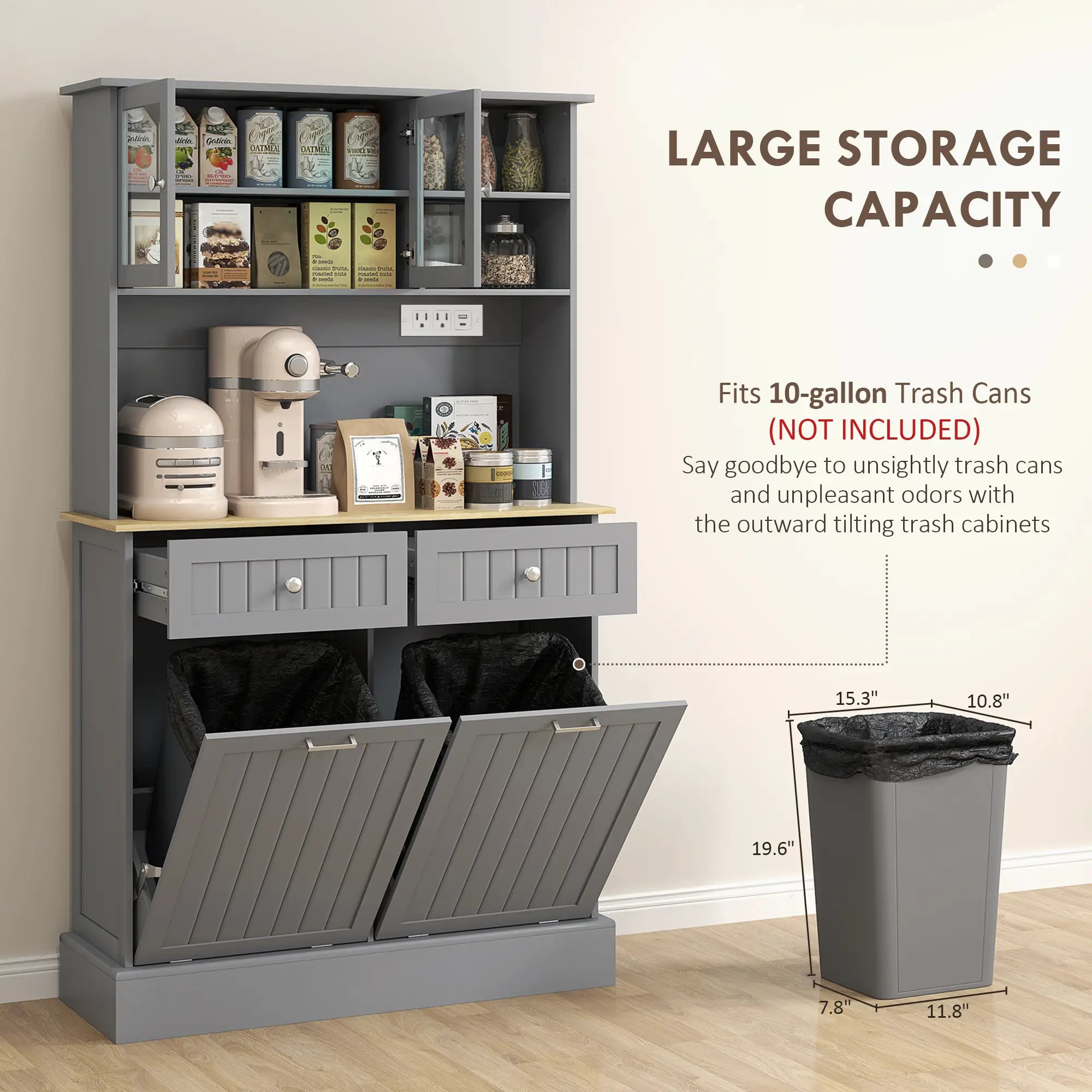 Kitchen Cabinet with Charging Station, 2 Tilt Out Cabinets, Microwave Stand, Grey Kitchen Pantry Cabinets at Gallery Canada