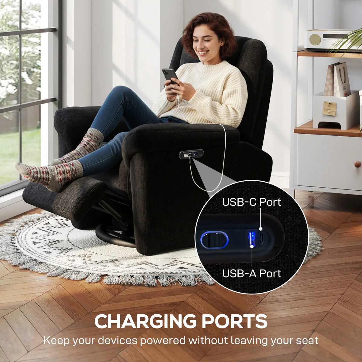 Power Recliner Chair, Fabric, USB Ports, Swivel & Rocking, Black Sofas & Reclining Chairs at Gallery Canada