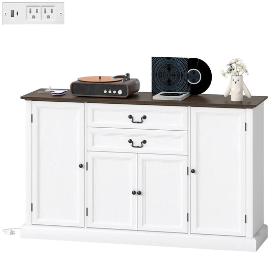 Farmhouse Sideboard with Charging Station, 58 Inch Buffet Cabinet, White Storage Cabinets White Wood Grain, Brown Wood Grain at Gallery Canada