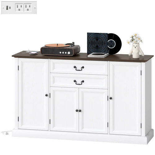 Farmhouse Sideboard with Charging Station, 58 Inch Buffet Cabinet, White