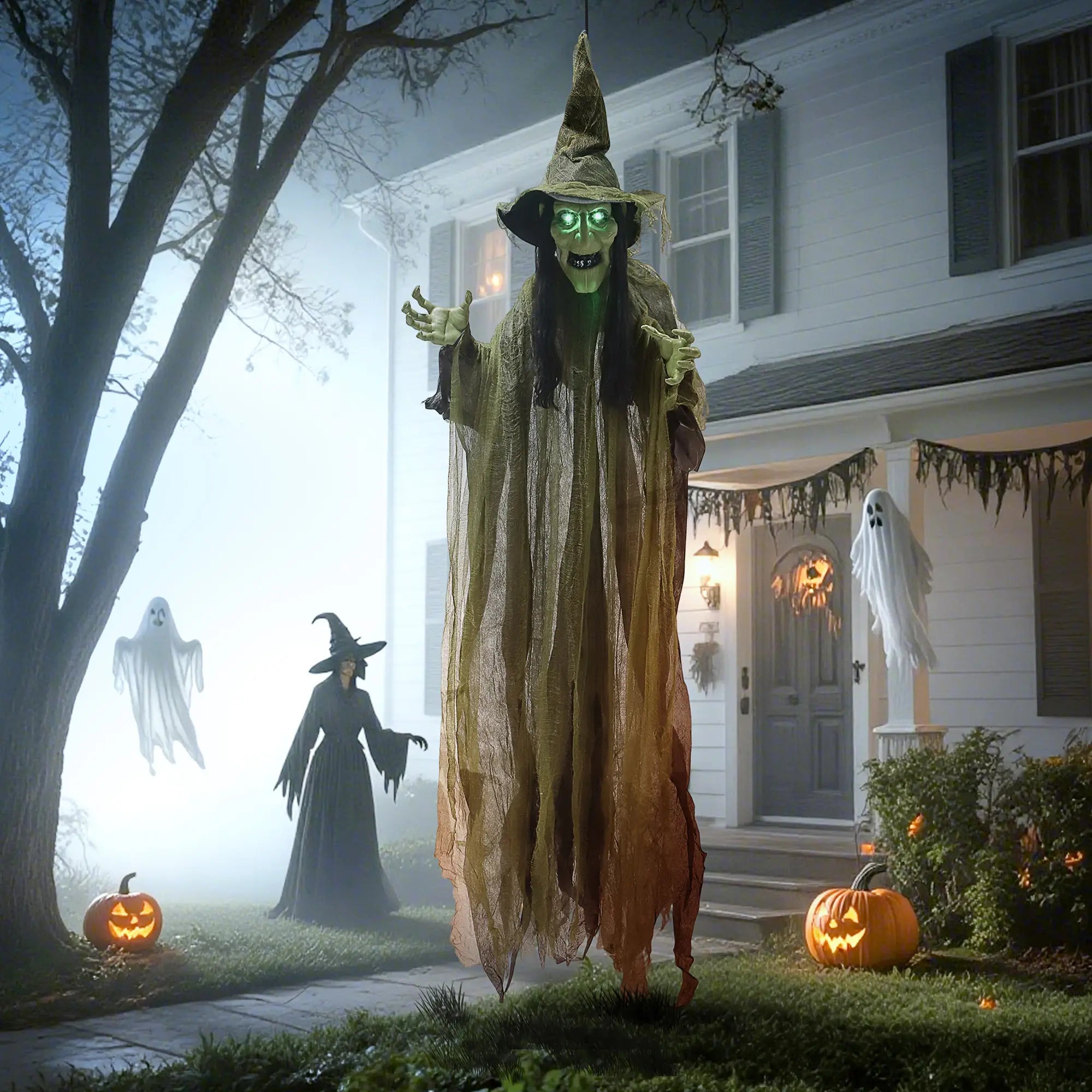 Animatronics Hanging Witch, Voice Activated, Flashing Eyes, Green Halloween Decorations at Gallery Canada