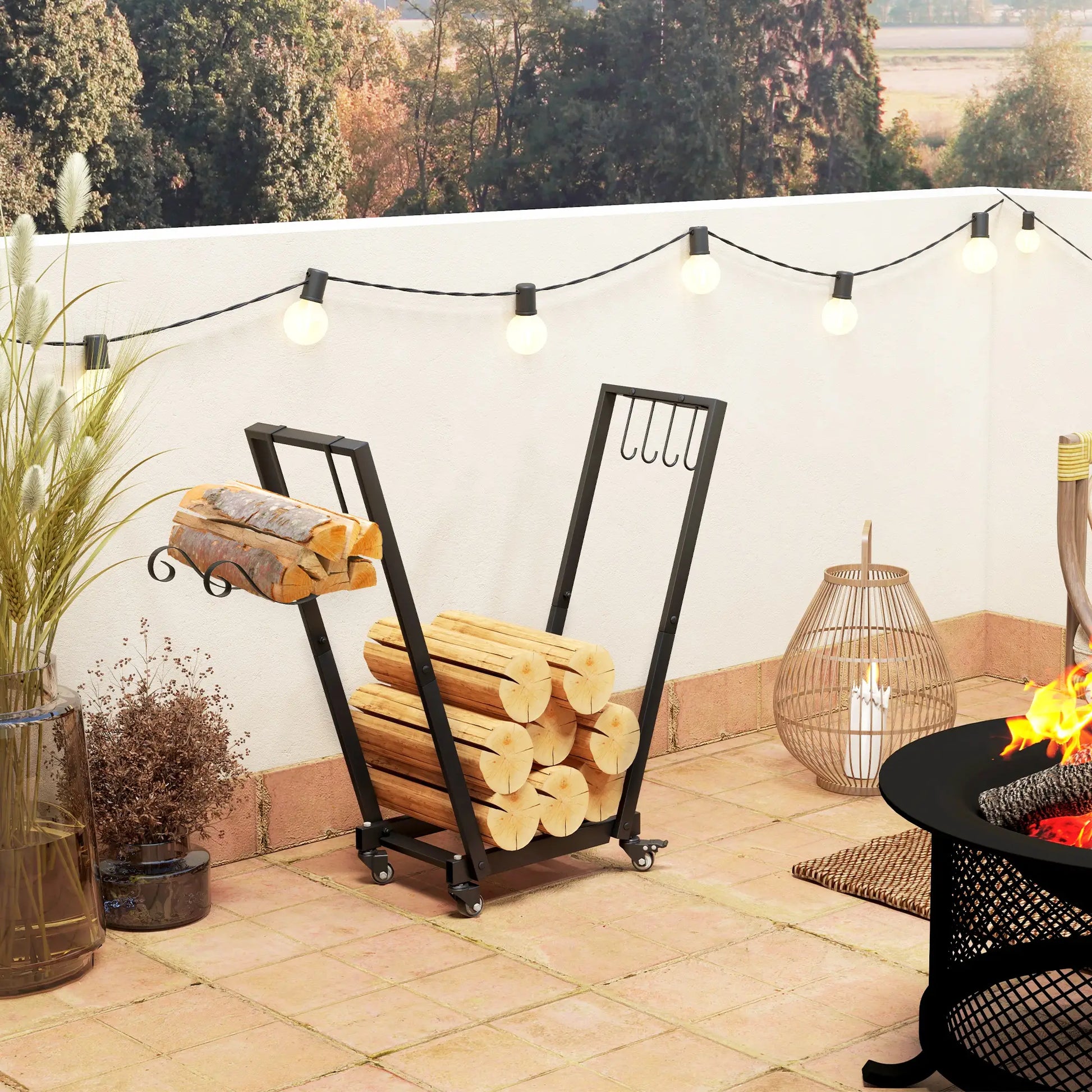 31 Inch Firewood Rack, Heavy Duty with Swivel Casters, Indoor Outdoor, Black Firewood Racks at Gallery Canada