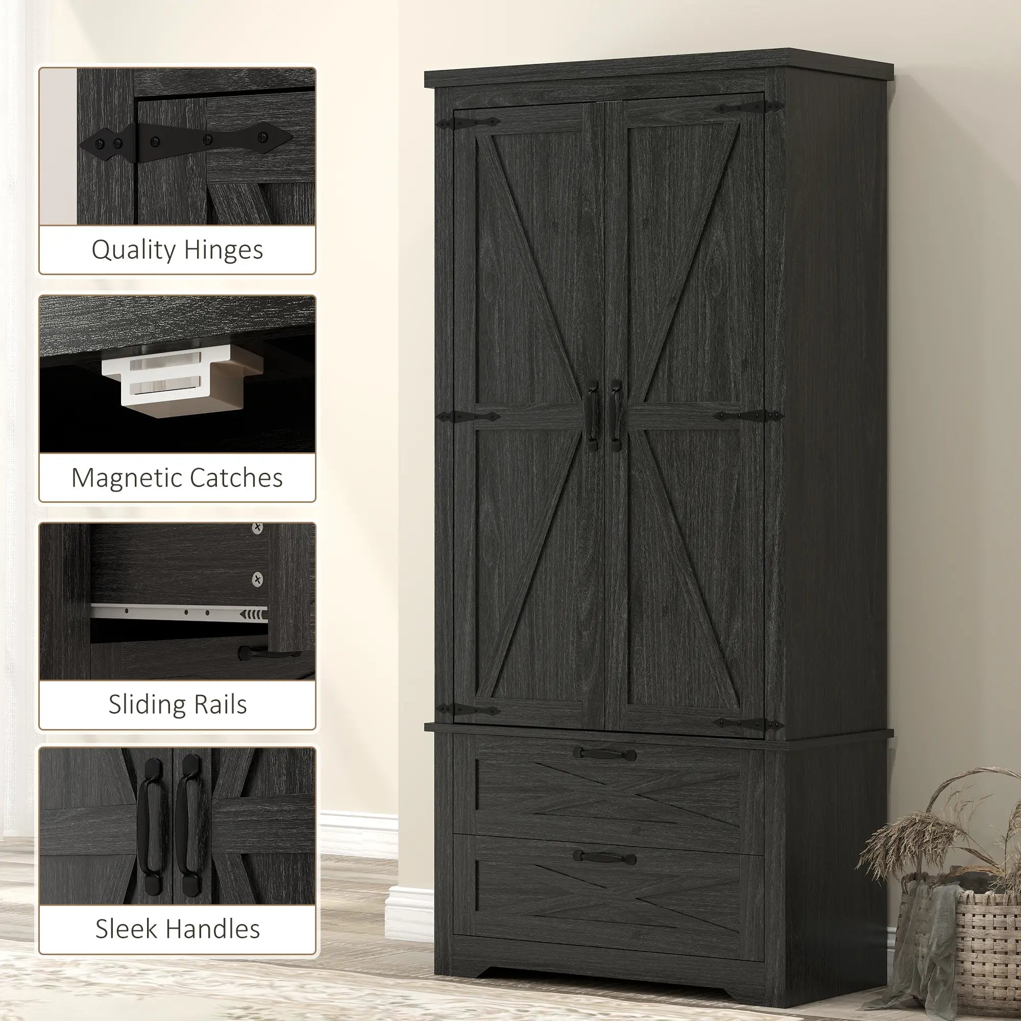 Farmhouse Kitchen Pantry Storage Cabinet, 64 Inch, Distressed Black Kitchen Pantry Cabinets at Gallery Canada