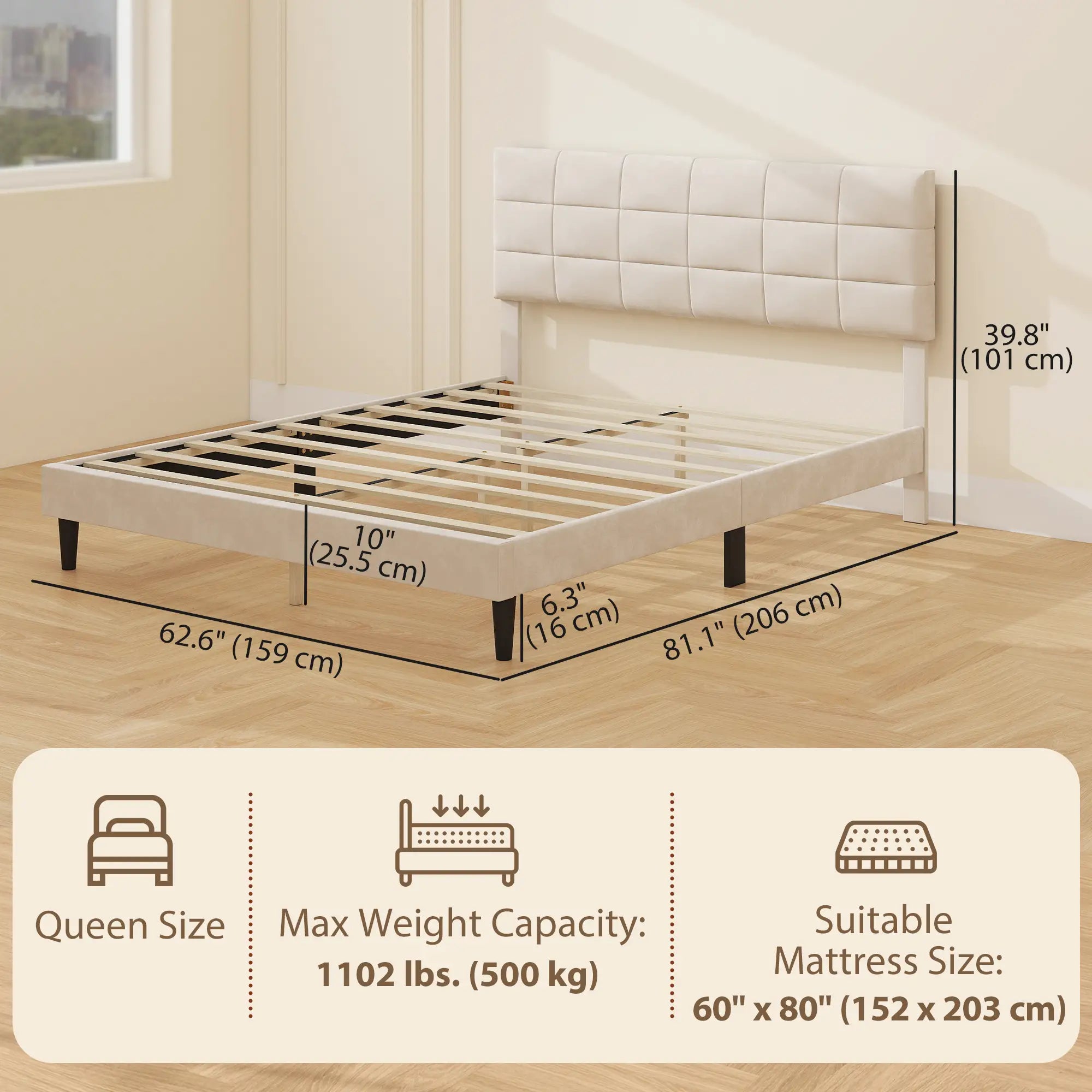 Queen Size Bed Frame, Upholstered Headboard, Wood Slats, 1100 lbs, Cream Bed Frames at Gallery Canada