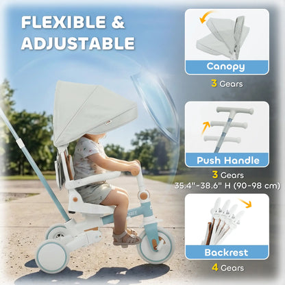 7 in 1 Toddler Tricycle, Adjustable Parent Handle, Canopy, Storage Bag, Brake, Blue Tricycles for Kids at Gallery Canada