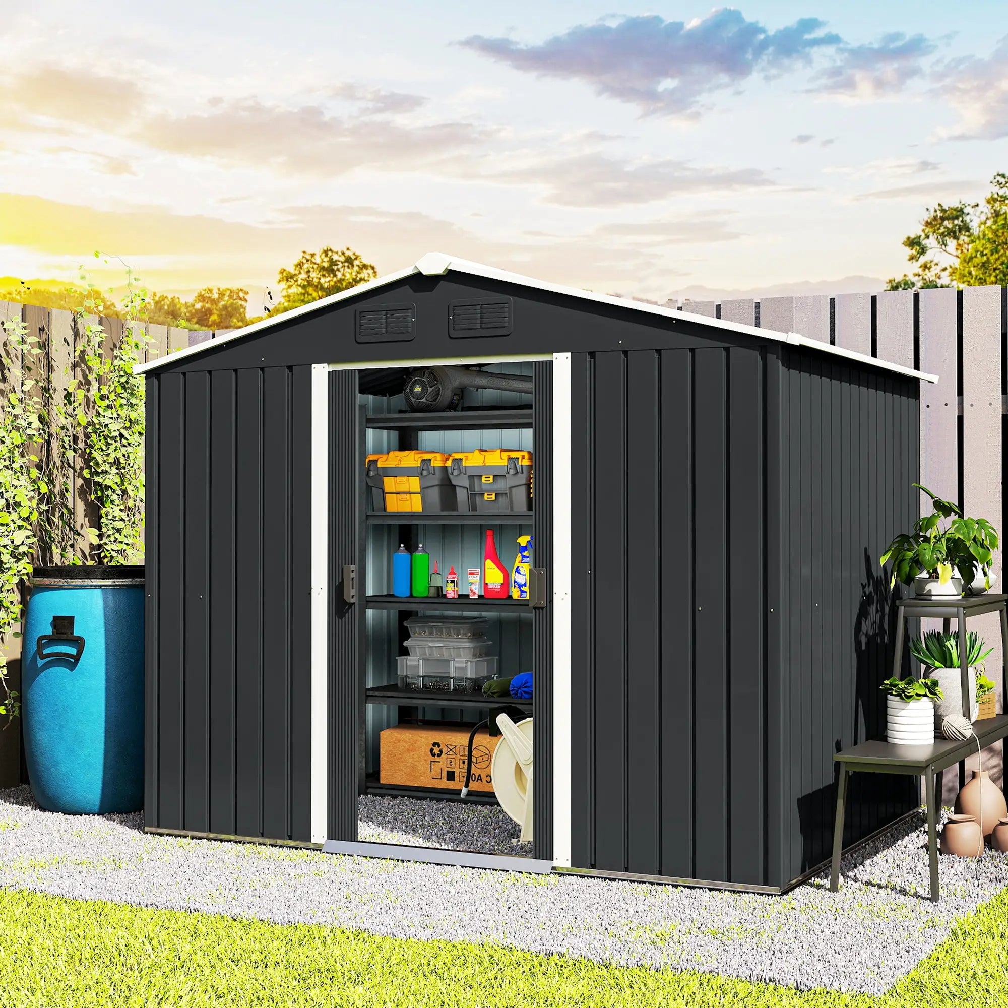 8' x 6' Outdoor Storage Shed, Metal Garden Tool House, Lockable Doors, Charcoal Grey Sheds at Gallery Canada