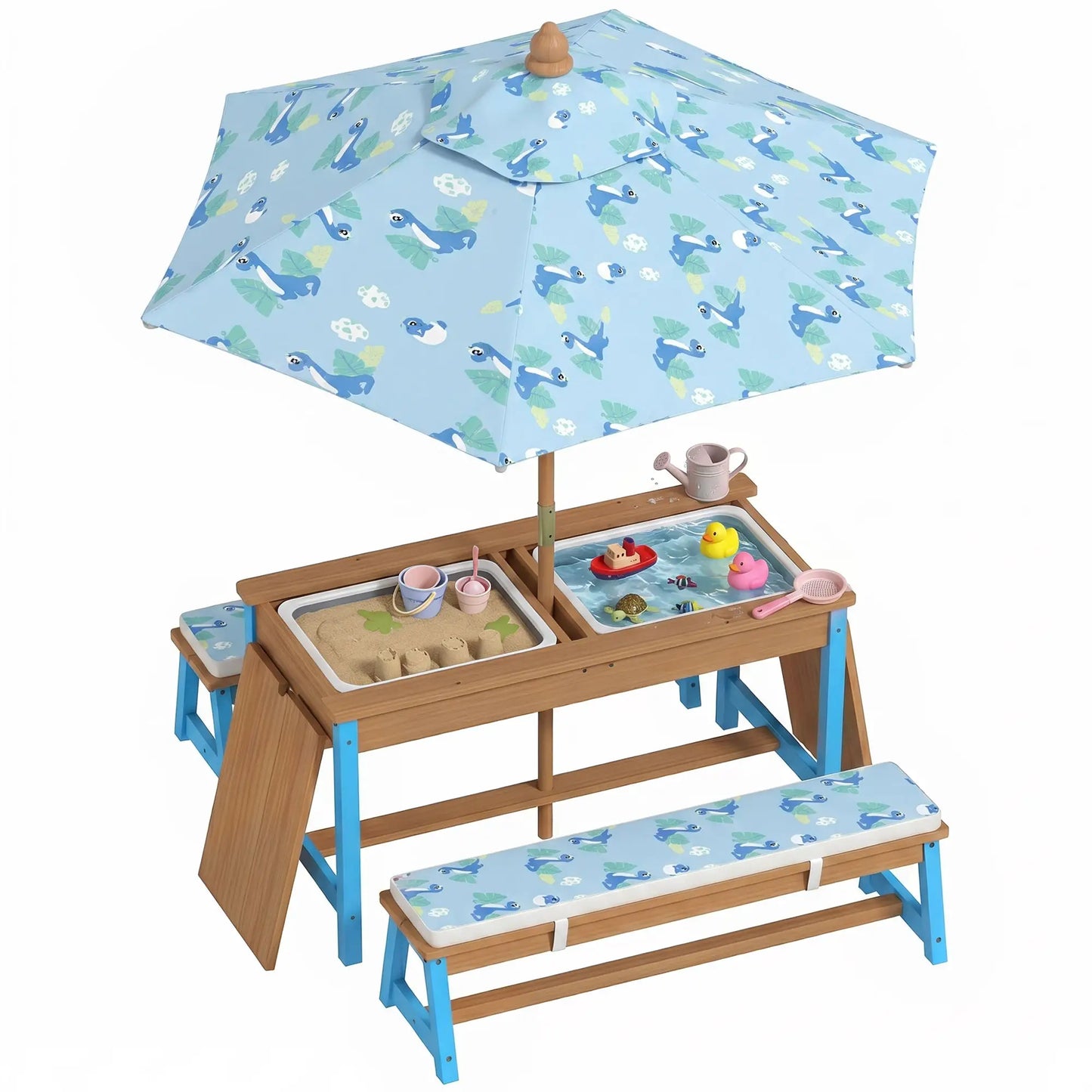 Kids Picnic Table Bench Set with Umbrella, Cushions, Boxes, Dinosaur Theme, Blue Kids Outdoor Furniture at Gallery Canada