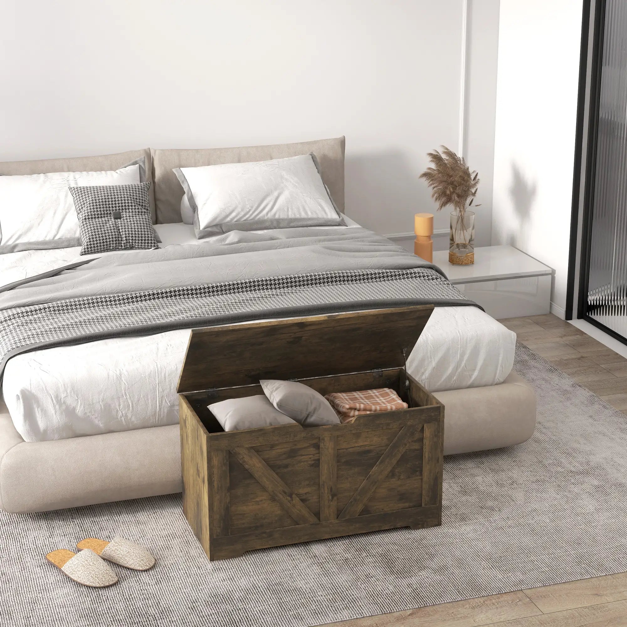 31.5 Inches Wooden Storage Chest, 2 Safety Hinges, Brown Wood Grain Storage Cabinets at Gallery Canada