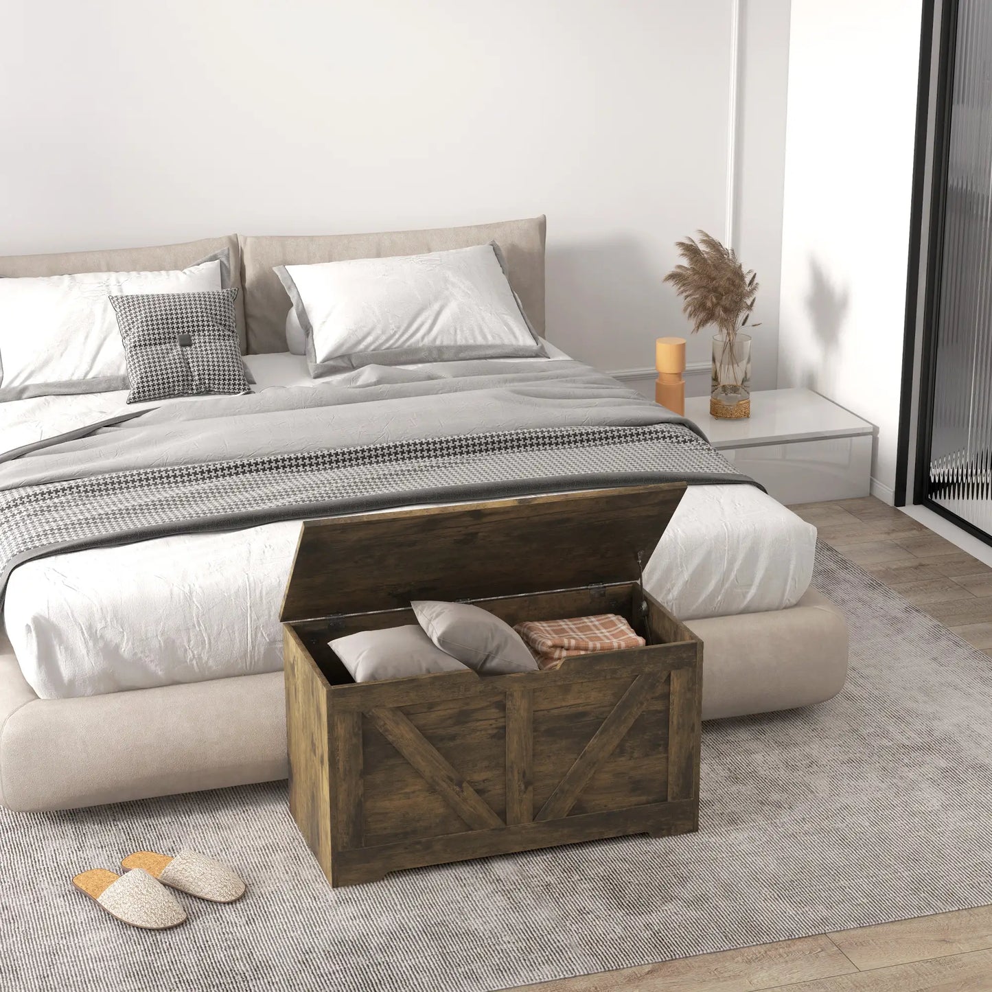 31.5 Inches Wooden Storage Chest, 2 Safety Hinges, Brown Wood Grain Storage Cabinets at Gallery Canada