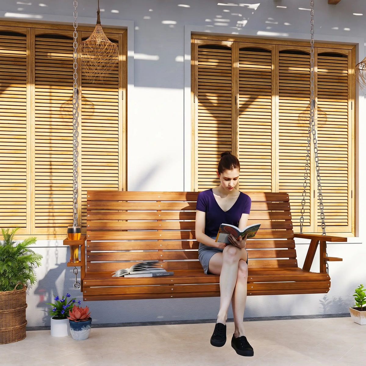 Carbonized Wooden 3-Seater Swing Bench with Cupholders Hanging Porch Swings at Gallery Canada