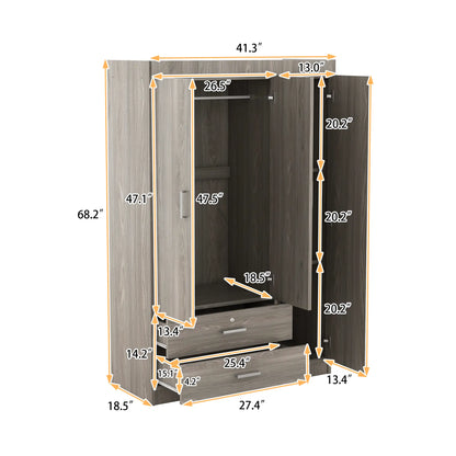 Modern Wardrobe, 2 Drawers, MDF, Hanging Rail, 41.5" L x 18.5" W x 68" H, Grey Clothing Storage at Gallery Canada