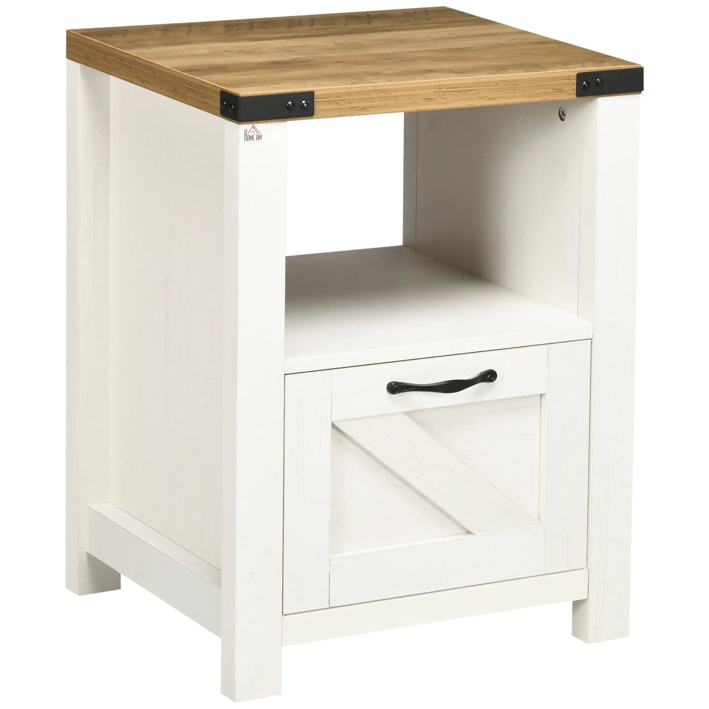 Farmhouse Side Table with Drawer, Open Shelf, White Side Tables White at Gallery Canada