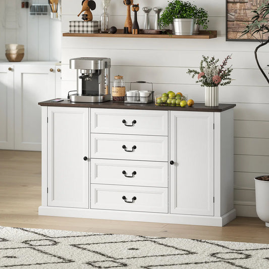 Farmhouse Sideboard with Charging Station, 58" Buffet Cabinet, White
