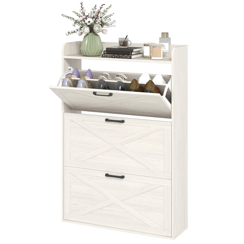 Narrow Shoe Storage Cabinet, 3 Flip Drawers, Adjustable Shelves, White Oak