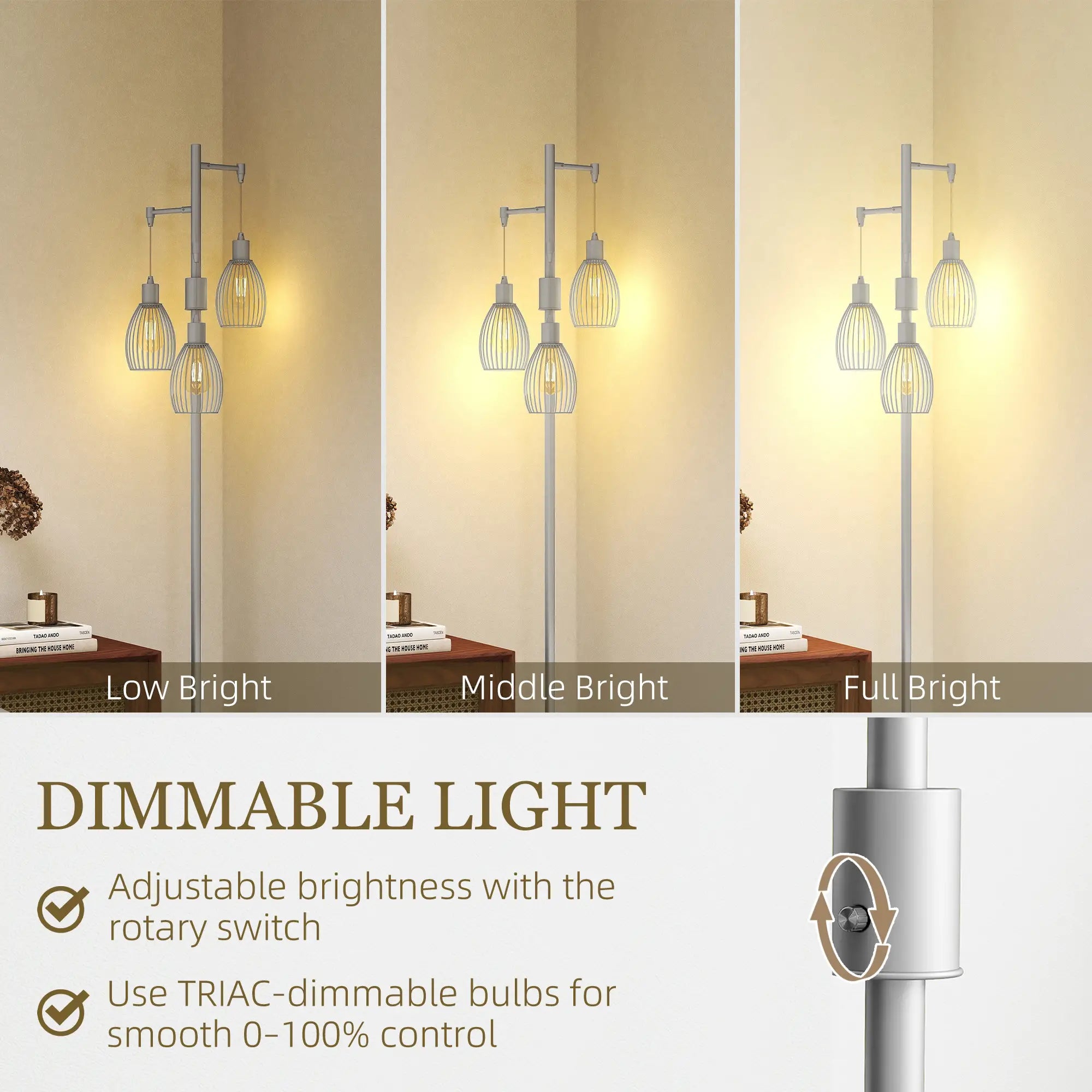 Industrial Floor Lamp, 3 Hanging Wire Lampshades, Dimmable, Silver Floor Lamps & Ceiling Fan Lights at Gallery Canada