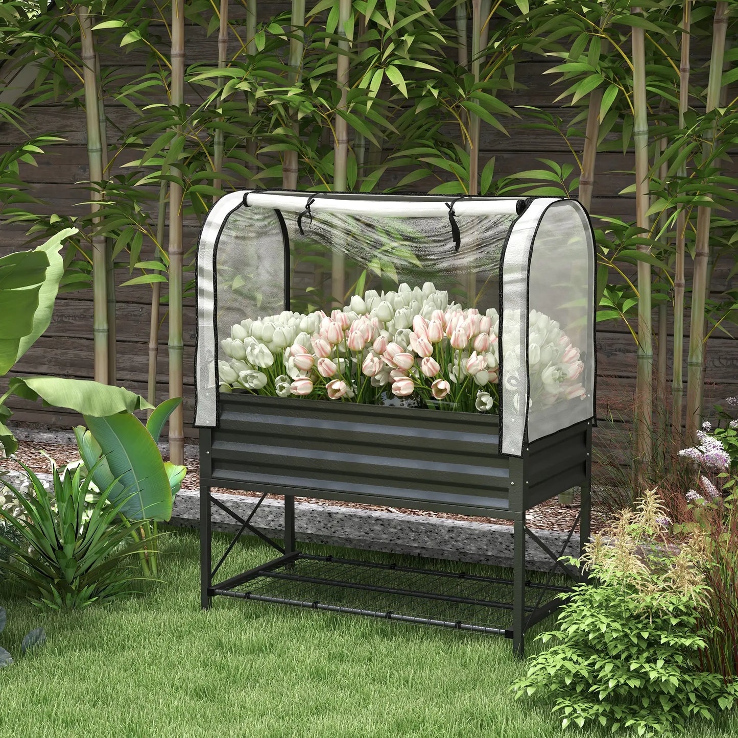 Metal Raised Garden Bed With Cover, With Bottom Shelf And Liner, Black Elevated Garden Beds at Gallery Canada