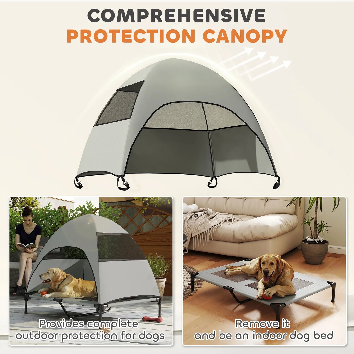 Elevated Dog Bed With Canopy, Washable Mesh, Steel Frame, 41.7" x 29.9" x 39", Light Grey Elevated Dog Beds at Gallery Canada