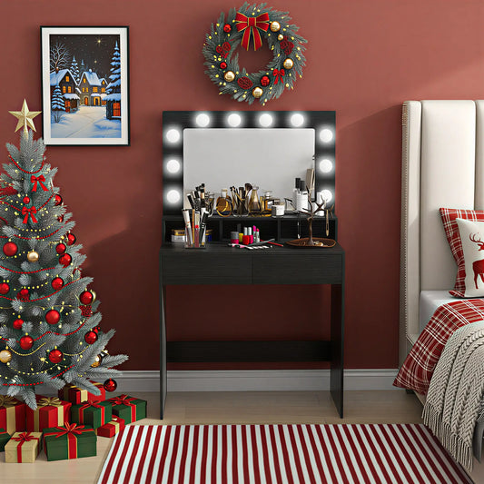 Vanity Table, Makeup Dressing Table with LED Lighting Mirror, Drawers, for Bedroom, Black Dressing & Vanity Tables Black at Gallery Canada
