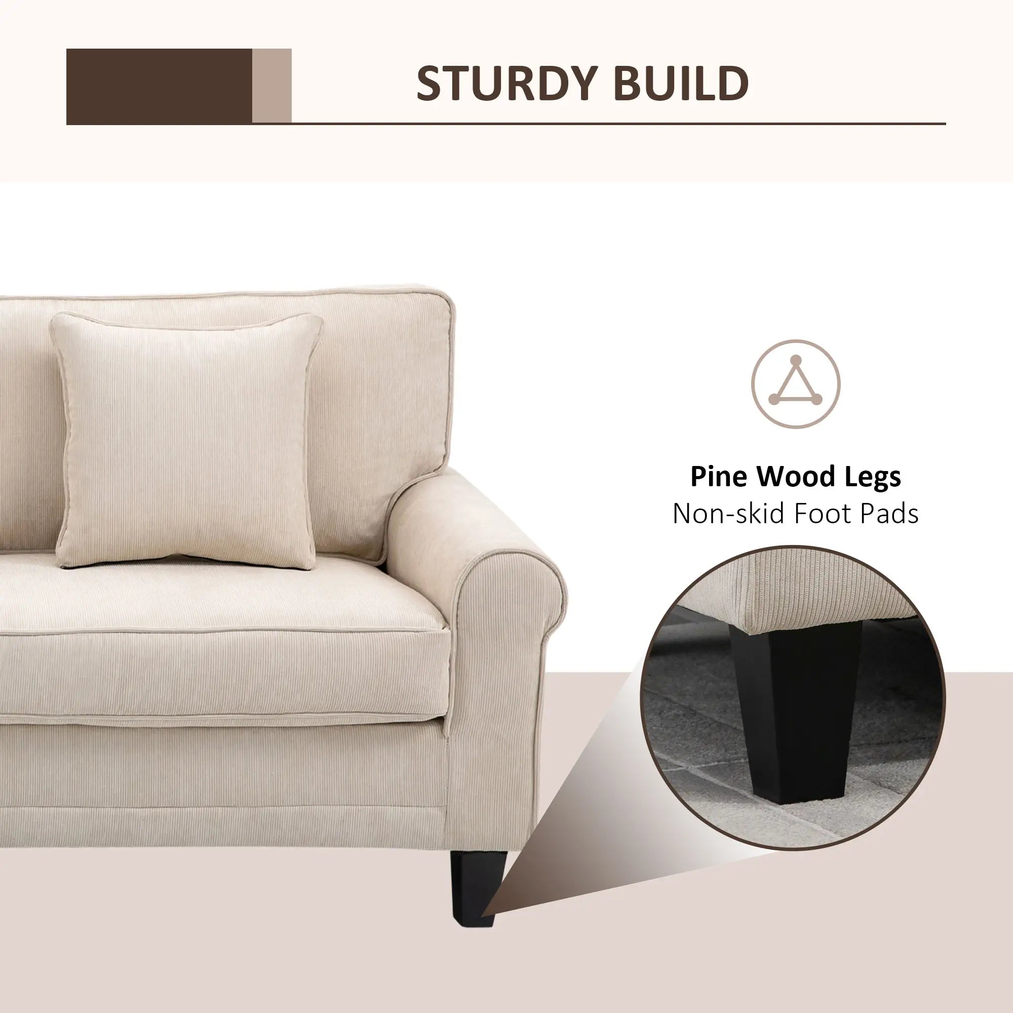 Modern 3 Seater Sofa, Corduroy Fabric, Pine Wood Legs, Beige 3-Seater Sofas at Gallery Canada