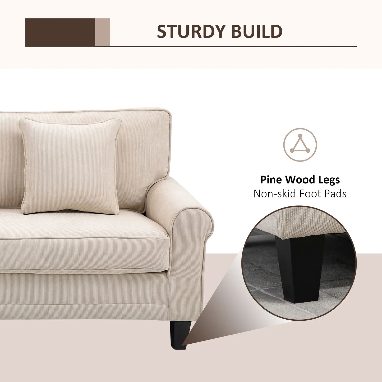 Modern 3 Seater Sofa, Corduroy Fabric, Pine Wood Legs, Beige 3-Seater Sofas at Gallery Canada