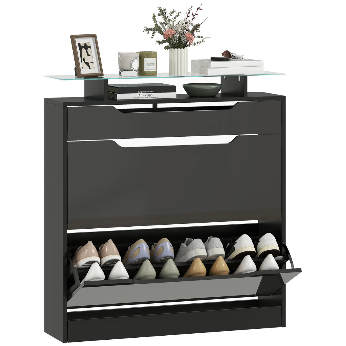 High Gloss Shoe Cabinet, 2 Flip Drawers, Adjustable Shelves, Black, Black Storage Cabinets at Gallery Canada