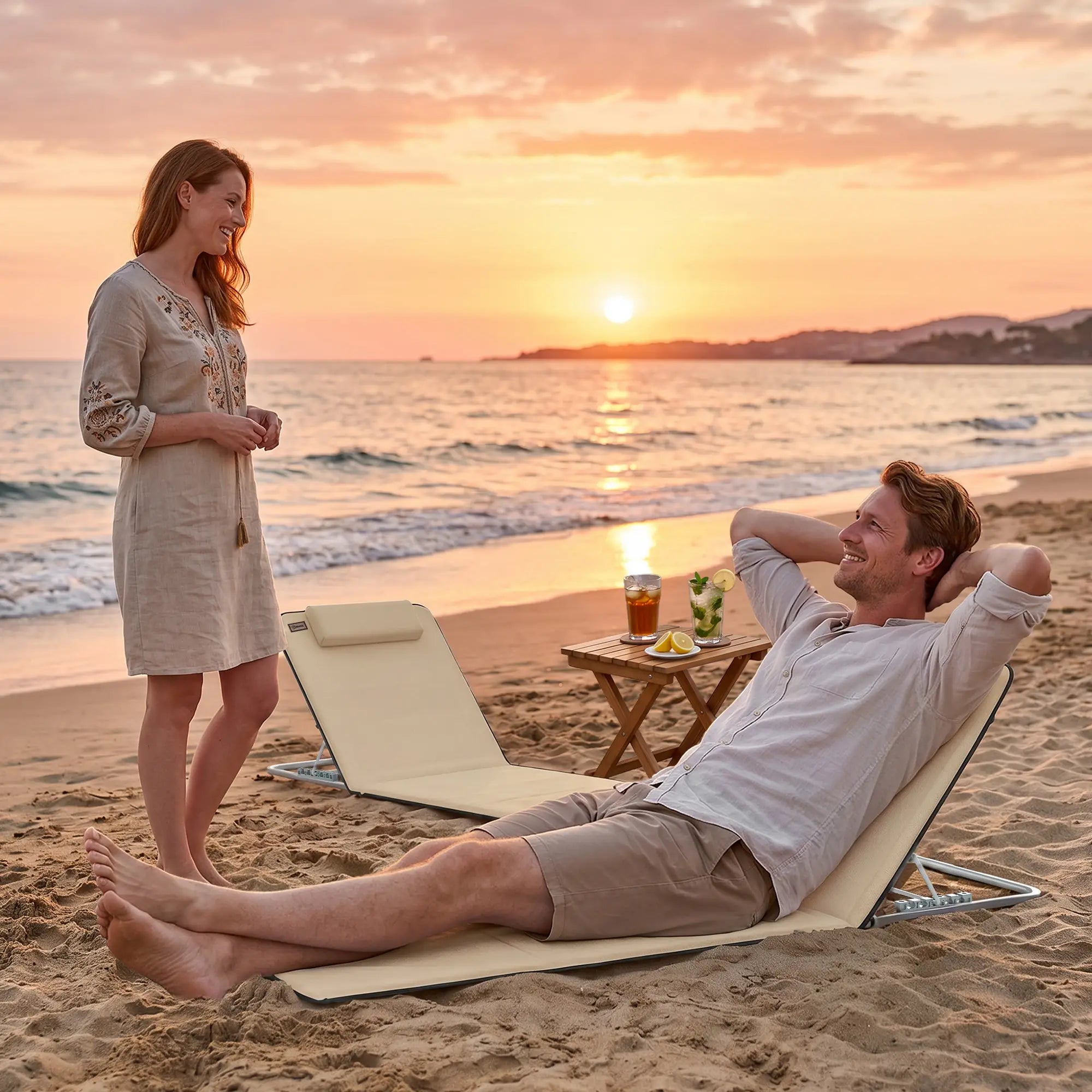 Beach Lounge Chair Set, 2 Pieces, Folding Chaise, Beige Beach Accessories at Gallery Canada