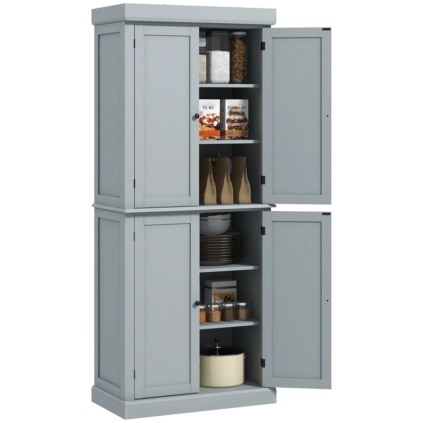 72.5" Freestanding Kitchen Pantry, 4 Doors, Grey Kitchen Pantry Cabinets Grey at Gallery Canada