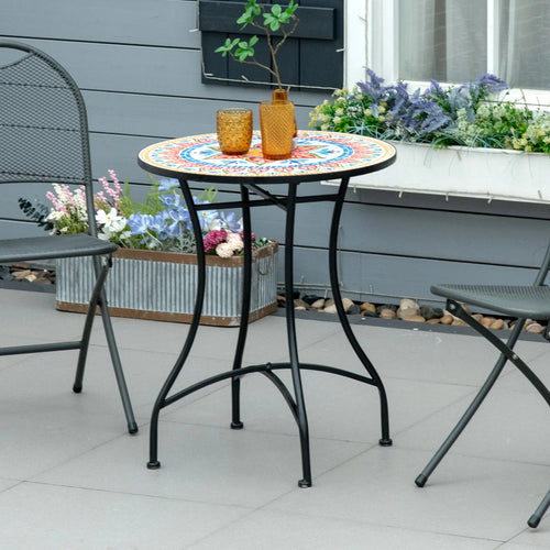 Round Mosaic Patio Table, Metal Frame, Outdoor Garden Furniture, Red
